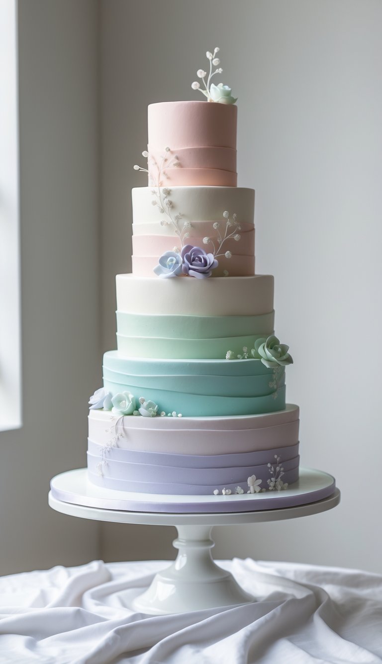 A tiered pastel-colored wedding cake with soft ombre shades and delicate floral decorations on a white cake stand.